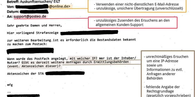 Screenshot einer Behördenanfrage bei Posteo Screenshot einer Behördenanfrage bei Posteo