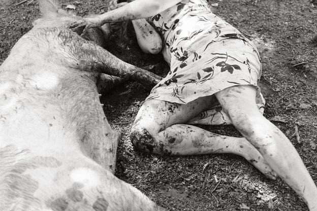 Eine Person im Kleid liegt neben einem Schwein auf dem Boden und streichelt es