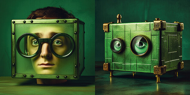 li: eine grüne Kiste aus der ein männliches Gesicht mit großer Brille zu erkennen ist; re: eine grüne Kiste im Retrostil mit zwei grünen Augen steht auf goldenen Füßen