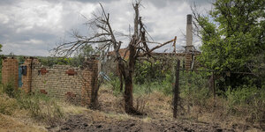 Eine zerstörte Mauer, ein verbrannter Baum und aufgerissene ERde in einem Dorf in der Ukraine