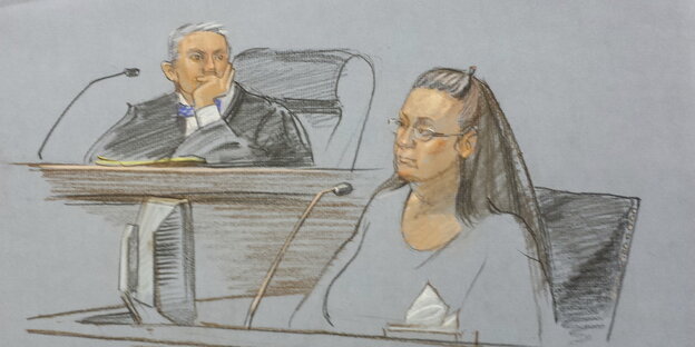 Ein Richter und Kim Davis auf einer Gerichtszeichnung Ein Richter und Kim Davis auf einer Gerichtszeichnung
