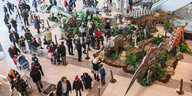 Menschen zwischen ausgestellten Dinosauriern