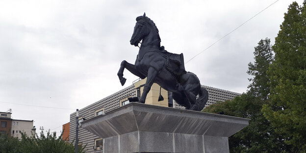 The image of an equestrian statue in Pristina, Kosovo, however, the horseman is missing on the rearing horse
