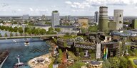 Düsseldorf wie es 2045 aussehen könnte mit Blick von oben auf die Rheinkniebrücke und den Landtag Nordrhein-Westfahlen. Unten sieht man ein Stadtfest "Kultur für alle". In den Fluss wurde ein Strand gebaut. Die Gebäude drumherum sind begrünt und haben Bäu