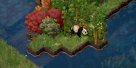 Computerspielbild: ein Pandabär zwischen Bambus auf einer Insel