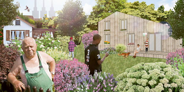 Enwurf für ein gemeinsames Wohnprojekt, im Hintergrund ein Haus, im Vordergrund Menschen Enwurf für ein gemeinsames Wohnprojekt, im Hintergrund ein Haus, im Vordergrund Menschen