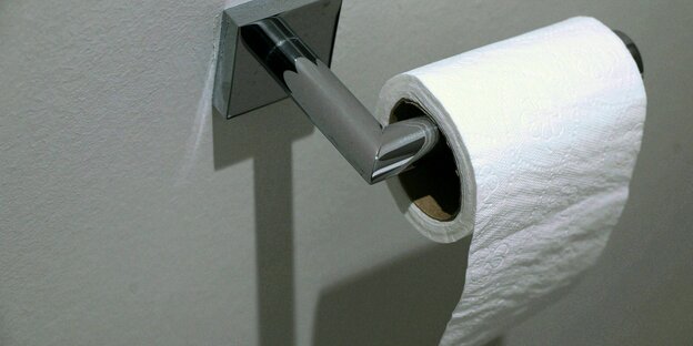 Eine Rolle Toilettenpapier im Toilettenpapierhalter im Bad eines Zimmers
