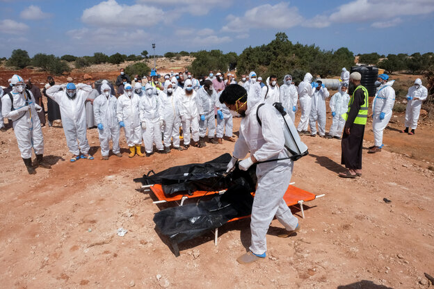 Disinfecting multiple body bags after a disaster.