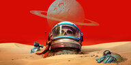 Illustration. Der Himmel ist rot. Im Hintergrund ein Planet mit einem Gürtel. im Vordergrund ist Wüstensand, aus dem die Hand und der Helm eines Astronauten hervorragen. Im Helm ein Totenkopf.