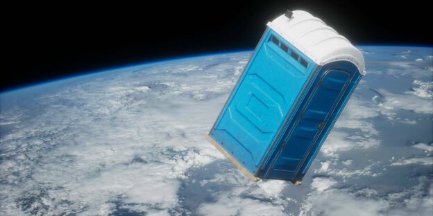 A toilet block floats in space