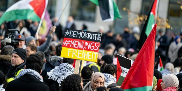 Schild mit den Farben der Deutschlandfahne 'Demokratie'Meinungsfreiheit zwischen palästinensischen Flaggen