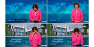 Kombination aus vier Fotos, die Susanne Daubner beim Kampf gegen einen Lachanfall im Fernsehstudio zeigen