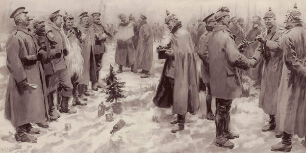 Ein Stich zeigt deutsche und britische Soladten des ersten Weltkrieges, die um einen kleinen Weihnachtsbaum herum stehen
