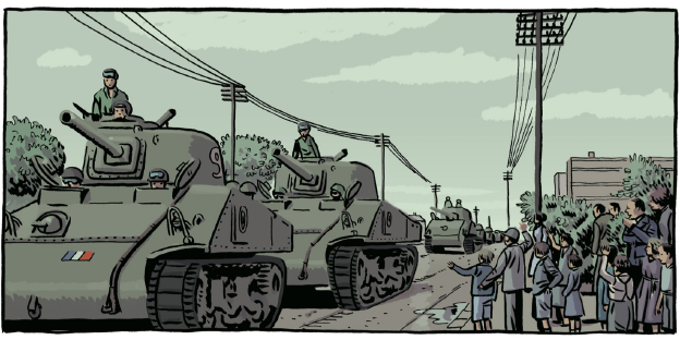 Ein Ausschnitt aus der Graphic Novel: Auf einer Straße fahren mehrere Panzer, Menschen winken Ein Ausschnitt aus der Graphic Novel: Auf einer Straße fahren mehrere Panzer, Menschen winken