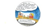 Ein lustiger Cartoon zu BSW: Ein Mann und eine Frau sitzen am Tresen, vor ihnen jeweils ein Glas Bier. Sagt der Mann zu der Frau: „Wäre ich Sahra Wagenknecht und sollte mit BSW Erfolg haben, würde ich BSW in BSD umbenennen. Bündnis Sahra Dienstwagenknecht."