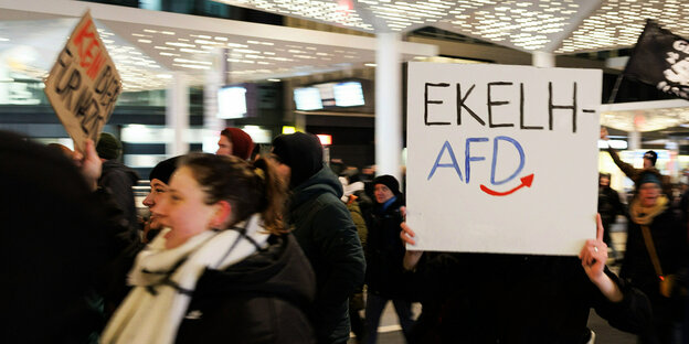 Ein Demonstrant hält ein Schild mit der Aufschrift "Ekelh-AfD" hoch
