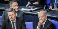 Christian Lindner, Robert Habeck und olaf Scholz im Deutschen Bundestag