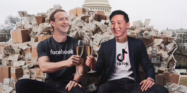 The installation shows Mark Zuckerberg of Facebook and Shou Zi Chew of Tictoc toasting with a glass of champagne and sitting on a pile of dollars.