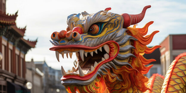 Chinese dragon hovers over a street
