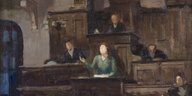 Das Gemälde einer Frau, die an einem Rednerpult steht