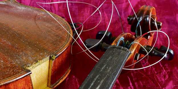 The bridge and body of a classical string instrument sit on a stringless roof.