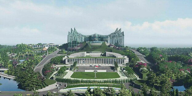 In the wooded landscape stands a simulation of the Presidential Palace in the form of open wings.  The area in front of the palace is reminiscent of European castles.