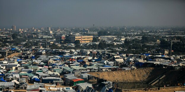 View of a makeshift camp in the city of Rafah, southern Gaza Strip.