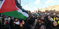 Eine Menschenmenge demonstriert in Bremen für Palästina. Links im Bild eine palästinensische Flagge