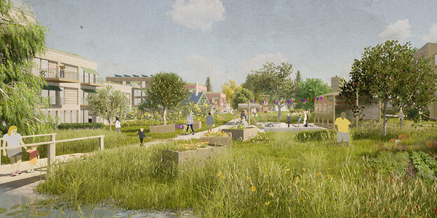 Grafik zeigt Wohnhäuser, im Vordergrund Park- und Teichanlagen wie sie das Architekturbüro geplant hatte