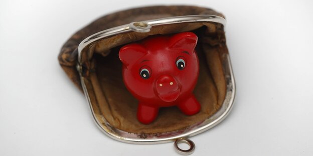 Ein kleines Sparschwein sitzt in einem Portemonnaie