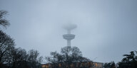 Der Hamburger Fernsehturm verschwindet im Nebel.