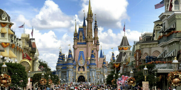A crowd fills the street in front of a castle at Disney World