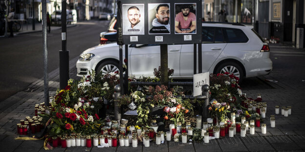 Memorial at the crime scene in Hanau with photographs of three victims, one of them Hamza Kurtovic
