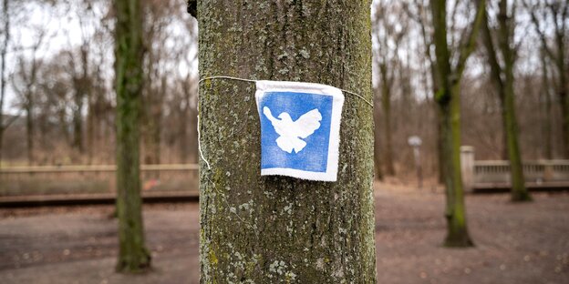 A piece of cloth with a white dove of peace on a blue background is tied around a tree