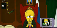 Screenshot des Animationsfilms von Egor Zhgun - Putin sitzt am Schreibtisch, hinter ihm ein Porträt von Putin, auf dem Fernsehschirm auch ein Bild von Putin