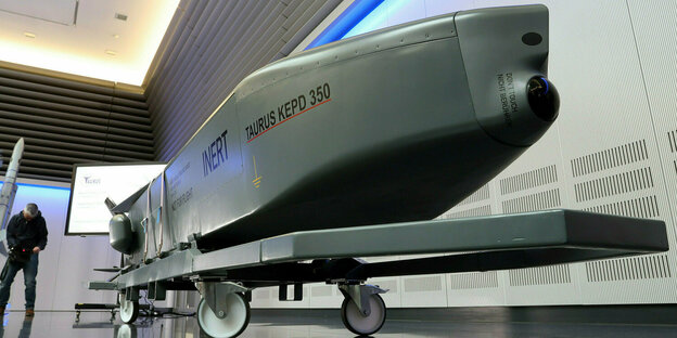 A Taurus KEPD 350 cruise missile is on display in the showroom of the defense company MBDA.