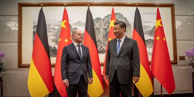 Scholz and Xi Jinping look critically into each other's eyes during the photo shoot.