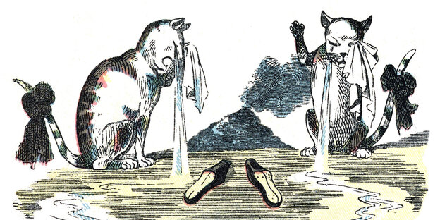 Illustration von Franciszek Kostrzewski: Minz und Maunz, die Katzen beweinen ein Häufchen Asche in ihrer Mitte: Das ist der traurige Rest von Paulinchen.