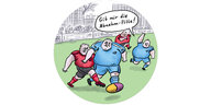 Ein bunter Cartoon, dicke Fußballspieler wetteifern um einen Ball, einer ruft: Gib mir die Abnehm-Pille!