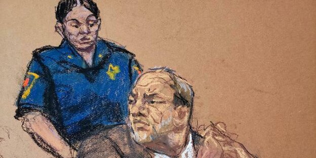 Weinstein looks to the left, a policewoman in the background.  illustration
