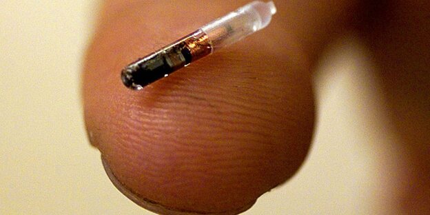 Ein Mikrochip auf einer menschlichen Daumenkuppe. Ein Mikrochip auf einer menschlichen Daumenkuppe.