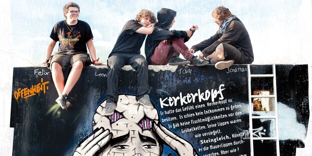 Jungen sitzen auf einer besprayten Mauer Jungen sitzen auf einer besprayten Mauer