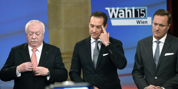 Von links nach rechts: Häupl (SPÖ), Strache (FPÖ), Juraczka (ÖVP) Von links nach rechts: Häupl (SPÖ), Strache (FPÖ), Juraczka (ÖVP)