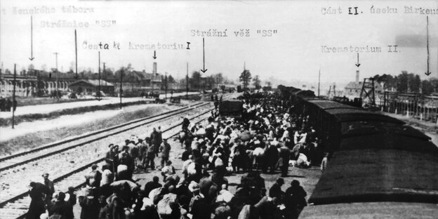 etwas unscharfe Schwarz-Weiß-Aufnahme von einer Bahn links mit vielen Menschen rechts davor, oben maschinengeschriebene Hinweise wie "Krematorium II" und "Birkenau" etwas unscharfe Schwarz-Weiß-Aufnahme von einer Bahn links mit vielen Menschen rechts davor, oben maschinengeschriebene Hinweise wie "Krematorium II" und "Birkenau"