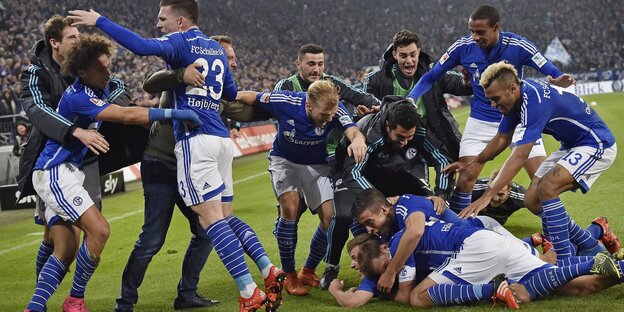 Schalke-Spieler feiern auf dem Rasen. Schalke-Spieler feiern auf dem Rasen.