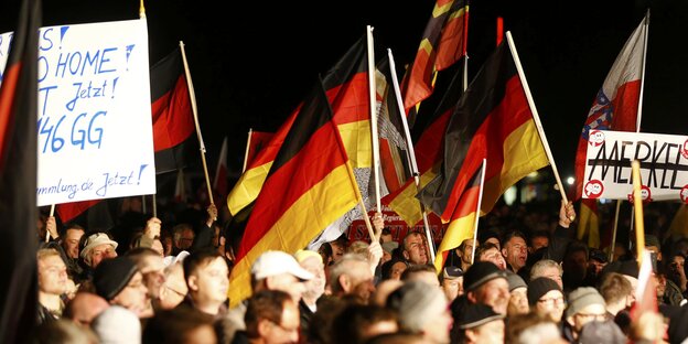Menschen mit Fahnen bei einer Kundgebung der AfD in Erfurt. Menschen mit Fahnen bei einer Kundgebung der AfD in Erfurt.