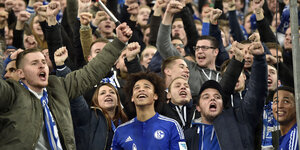 Männer feiern, vorne einer im Schalke-Trikot