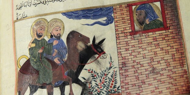 Mohammed und Jesus reiten nebeneinander in einer Zeichnung Mohammed und Jesus reiten nebeneinander in einer Zeichnung