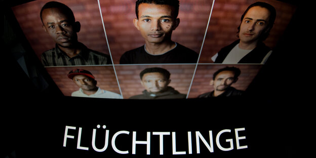 Gesichter von Flüchtlingen auf einem Bildschirm. Darunter das Wort Flüchtlinge Gesichter von Flüchtlingen auf einem Bildschirm. Darunter das Wort Flüchtlinge