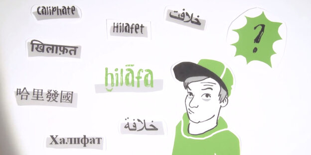 Screenshot aus einem Erklärvideo, rechts eine Zeichnung von LeFloid, rechts das Wort "Kalifat" in mehreren Sprachen Screenshot aus einem Erklärvideo, rechts eine Zeichnung von LeFloid, rechts das Wort "Kalifat" in mehreren Sprachen